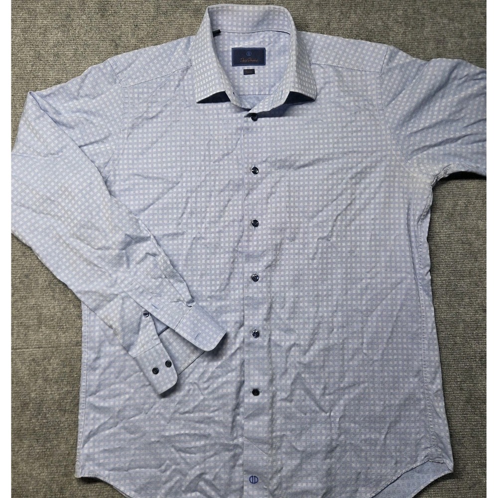 David Donahue Trim 17 36/37 Blue Geometric Check Dress Shirt Mens 100% Cotton